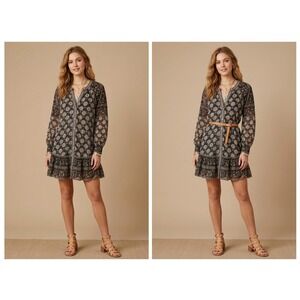 Cleobella Mini Dress Women Medium Black Floral Woodblock Boho Tiered Cottagecore